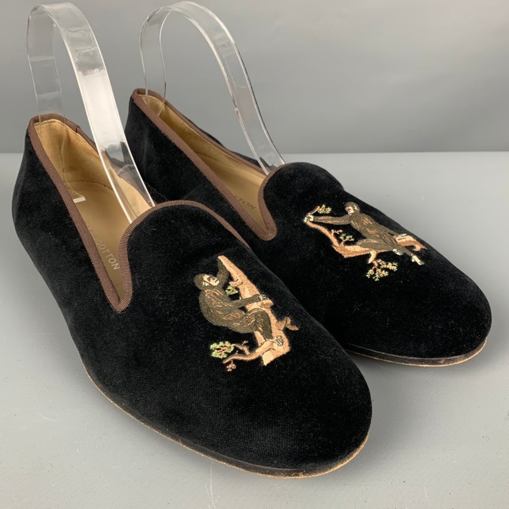 Stubbs & Wootton Luxury Black Velvet Embroidered Loafers Size 5